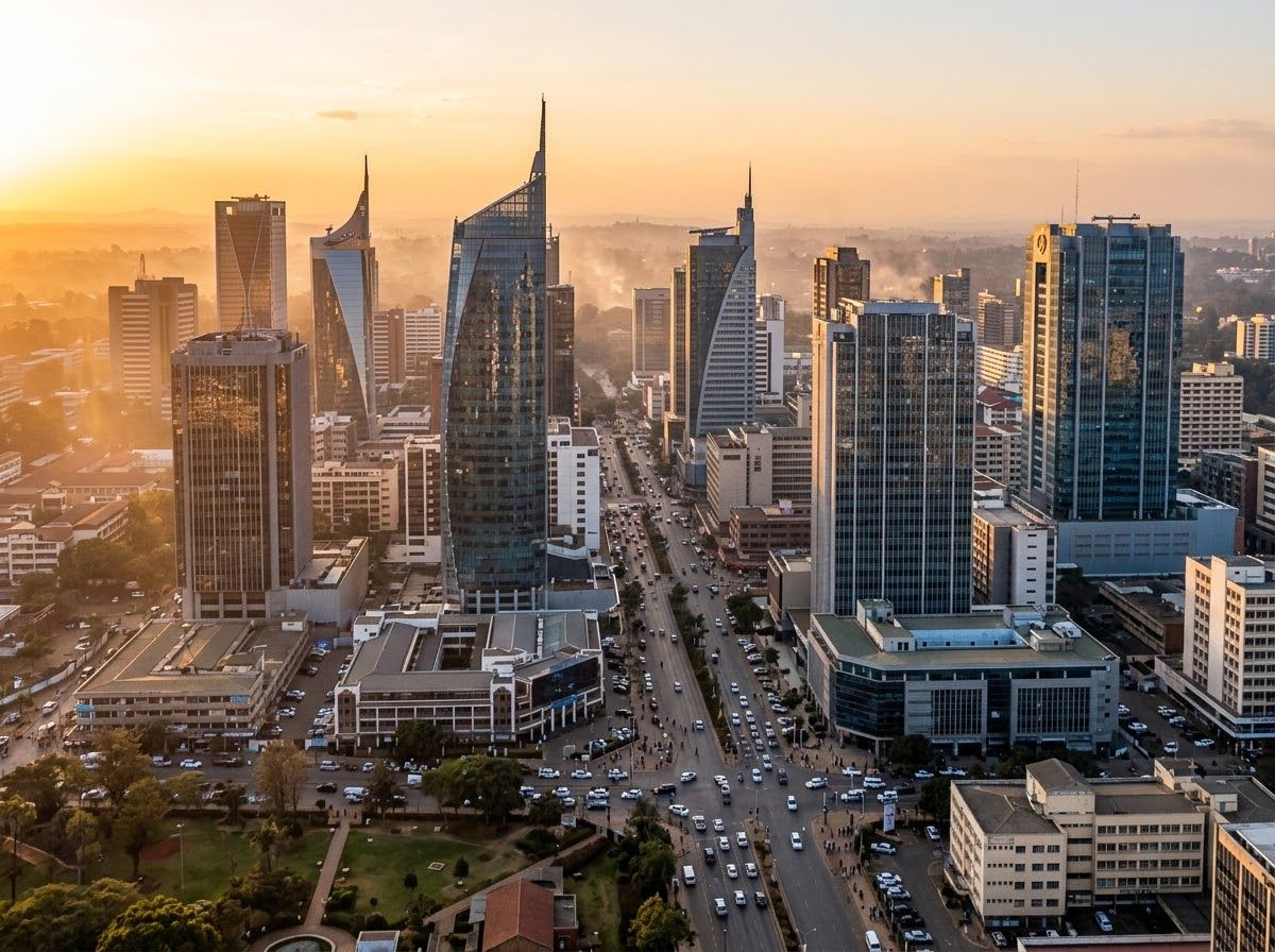 Business district of an African city at sunset