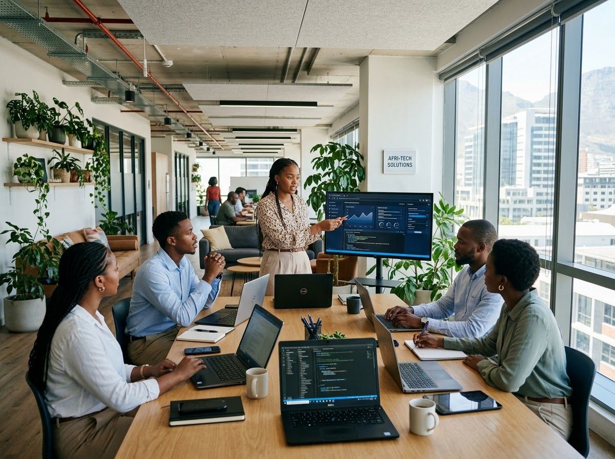 A business team in a modern office reviewing a dashboard together