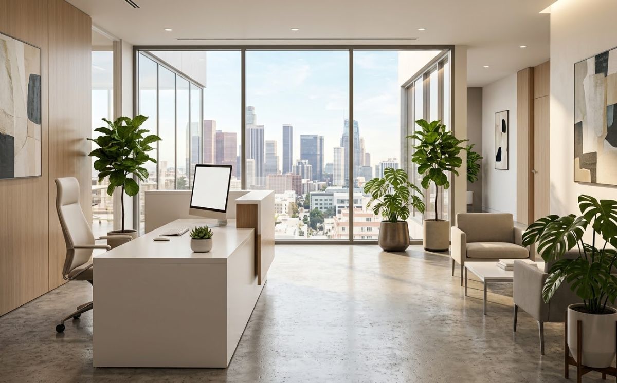 Modern office reception with a city view