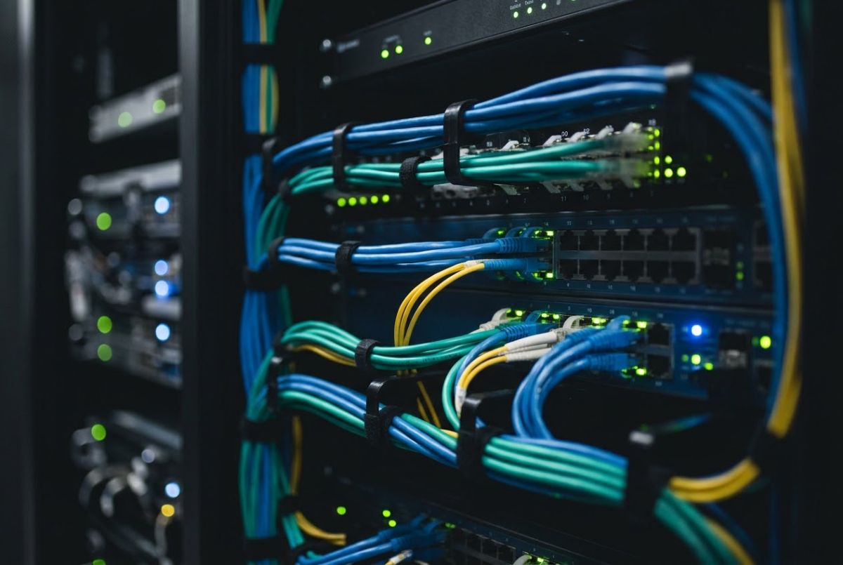 Network cables connected to switches in a server rack