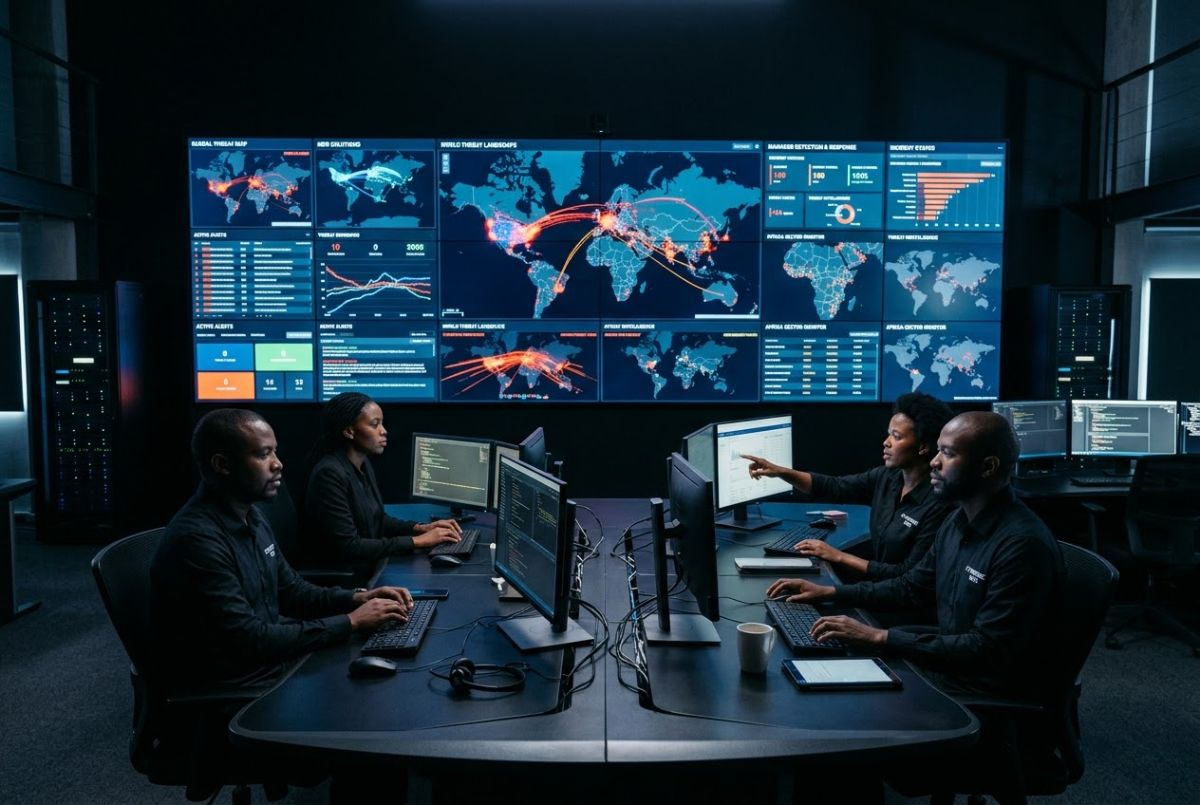 Security operations centre team monitoring a wall of threat maps