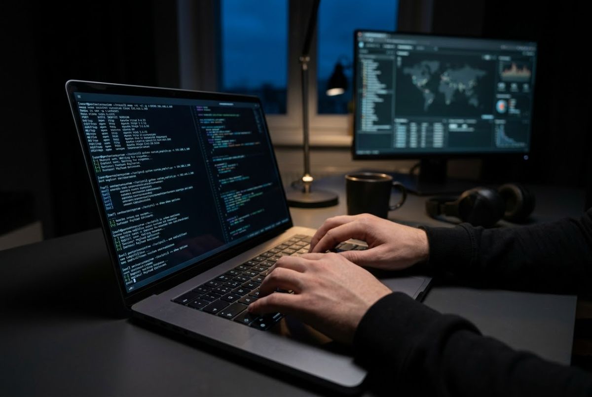 Penetration tester typing commands in a terminal on a laptop